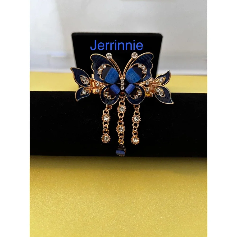 Jerrinnie Blue Butterfly Hair Claw Clip Gold Tone Rhinestone Dangle Charms NEW